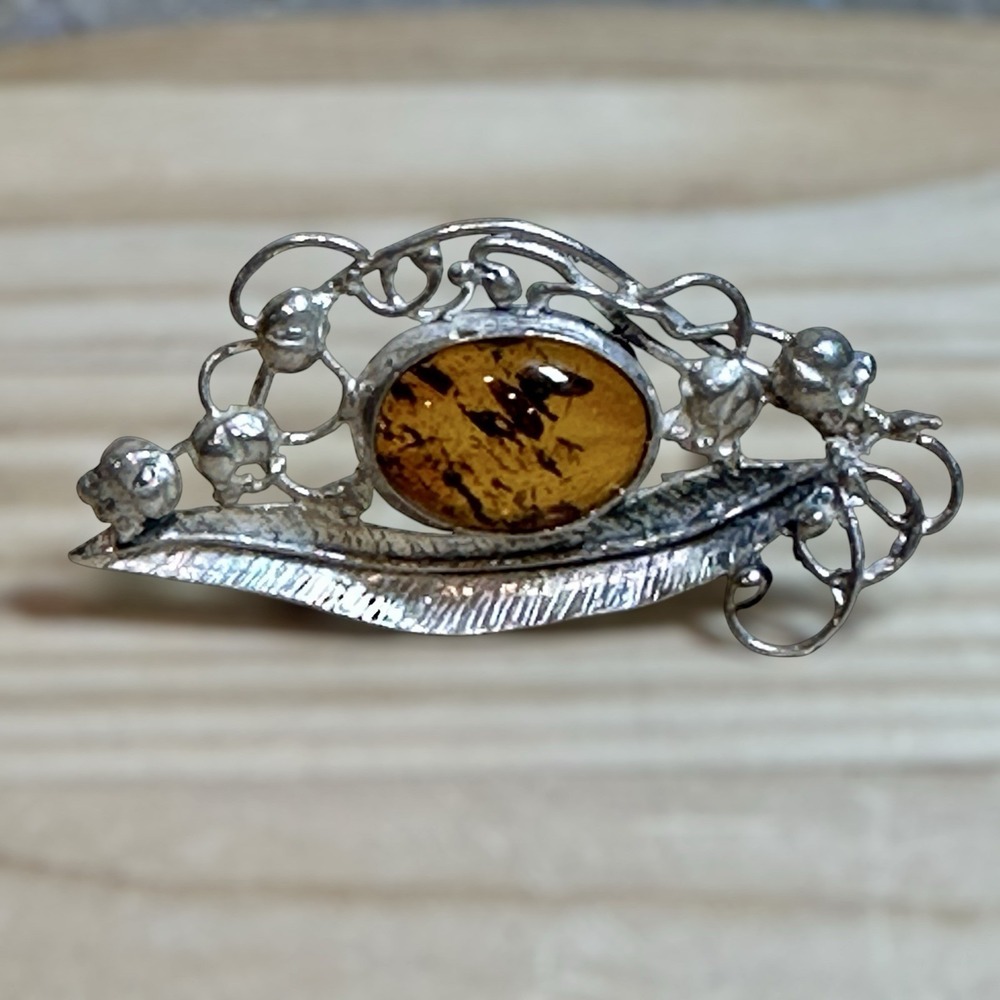 Vintage Artisan Brooch 2 Inch‎ Baltic Amber Gem Leaf Brutalist 925 Sterling 6.0g